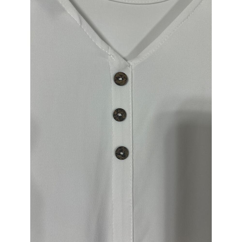 Susan Graver Top XL White Liquid Knit Back Button Detail Short Sleeve - Picture 2 of 9
